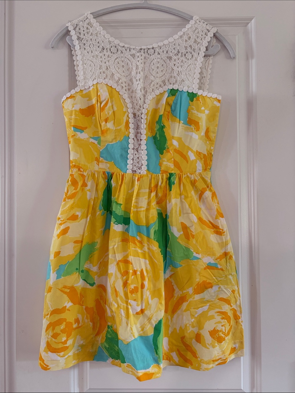 Yellow Lilly Pulitzer Floral Sundress with White Crochet Lace